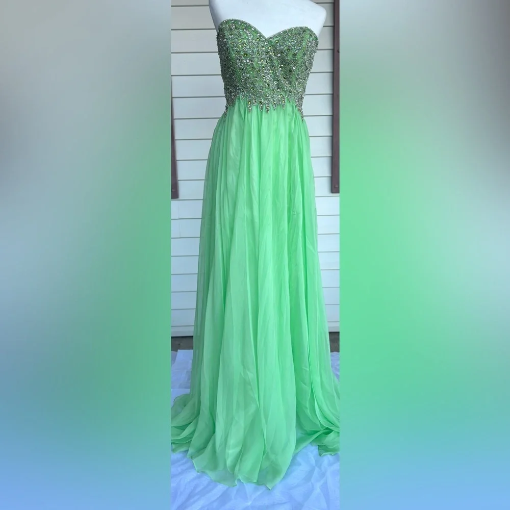 Sherri Hill Formal Prom Dress Sequin Beaded Chiffon Green Strapless Size 14 - Picture 1 of 10